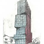 Broadcasting Tower - the rusty building, Leeds, etching by Simon Lewis