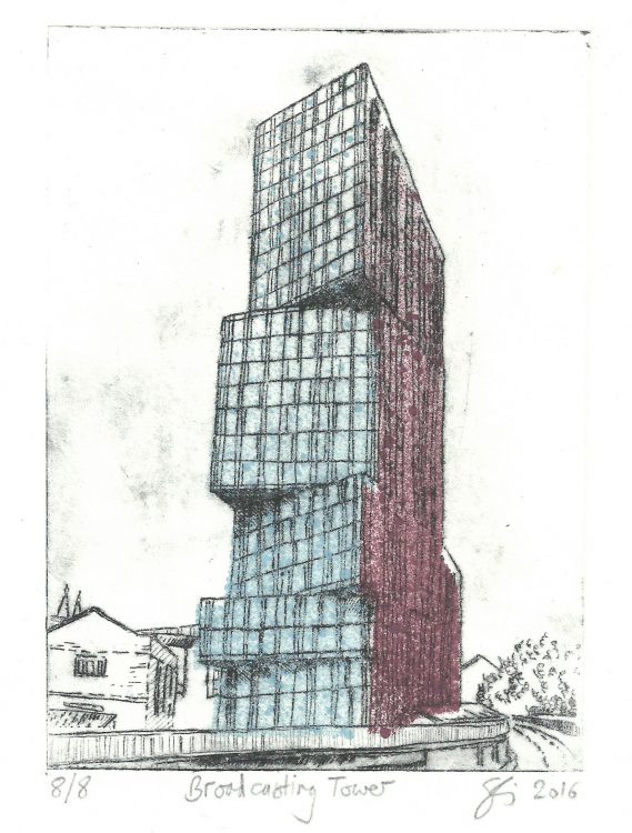 Broadcasting Tower - the rusty building, Leeds, etching by Simon Lewis