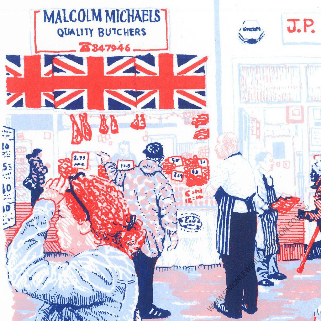 Butchers Row detail, screenprint by Simon Lewis